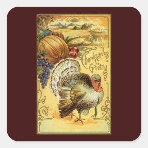 Sticker Carré Salutations vintage de Thanksgiving avec dinde