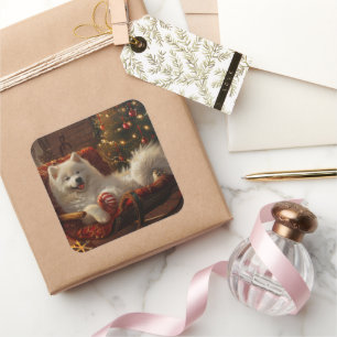 Sticker Carré Samoyed Chien Festive de Noël
