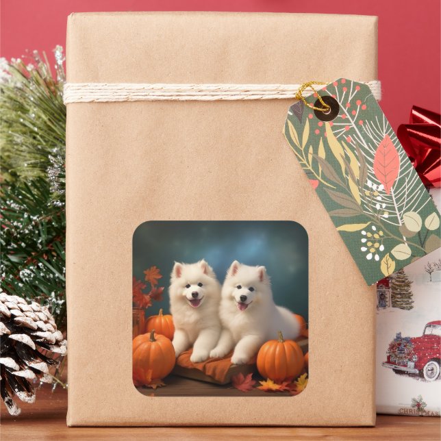 Sticker Carré Samoyed Chiot Automne Citrouille de plaisir (vacances)