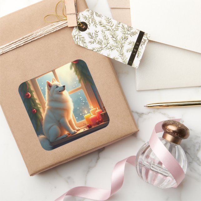 Sticker Carré Samoyed Under the Mistletoe Christmas Painting (Cadeaux)