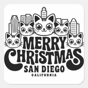 Sticker Carré San Diego City California Joyeux Noël Cats USA