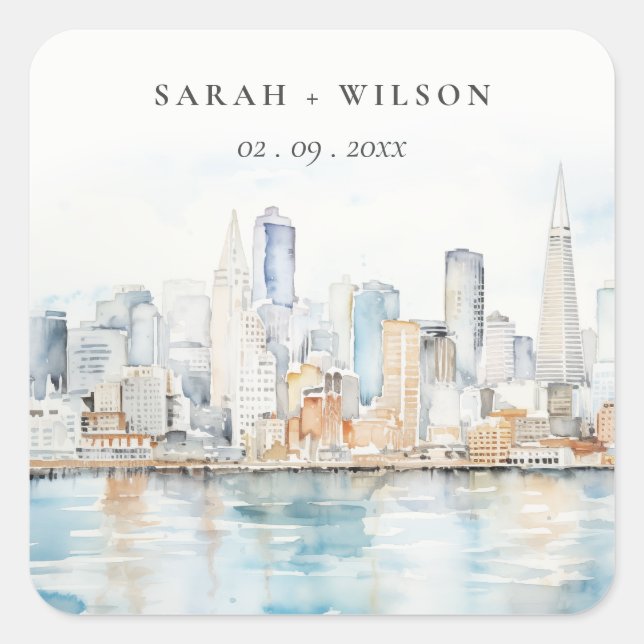 Sticker Carré San Francisco Watercolor Landscape Wedding (Devant)