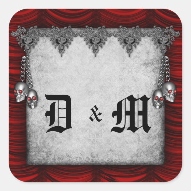 Sticker Carré Sang Rouge soie et crânes Mariage gothique (Devant)