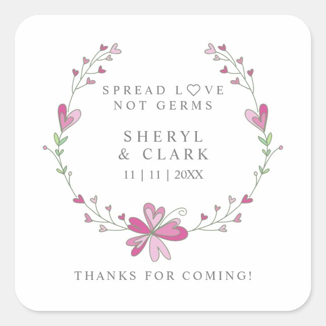 Sticker Carré Sanitificateur mariage à couronne florale rose (Devant)
