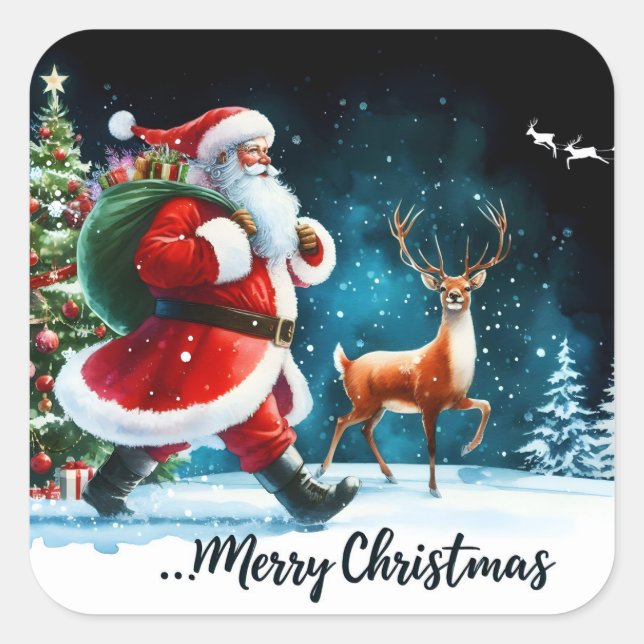 Sticker Carré Santa and Reindeer Joyfully Celebrate (Devant)