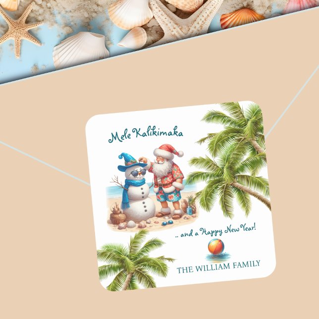 Sticker Carré Santa and Snowman Mele Kalikimaka Christmas (Créateur téléchargé)