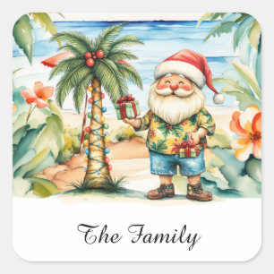 Sticker Carré SANTA CLAUS à Hawaii Beach pour Noël