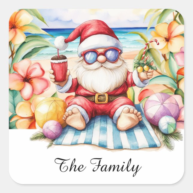 Sticker Carré SANTA CLAUS à Hawaii Beach pour Noël (Devant)