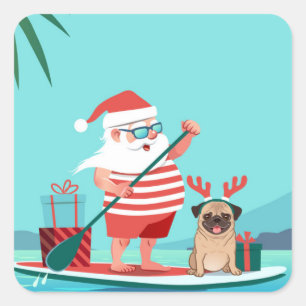 Sticker Carré Santa Claus and His Pug on a surfboard