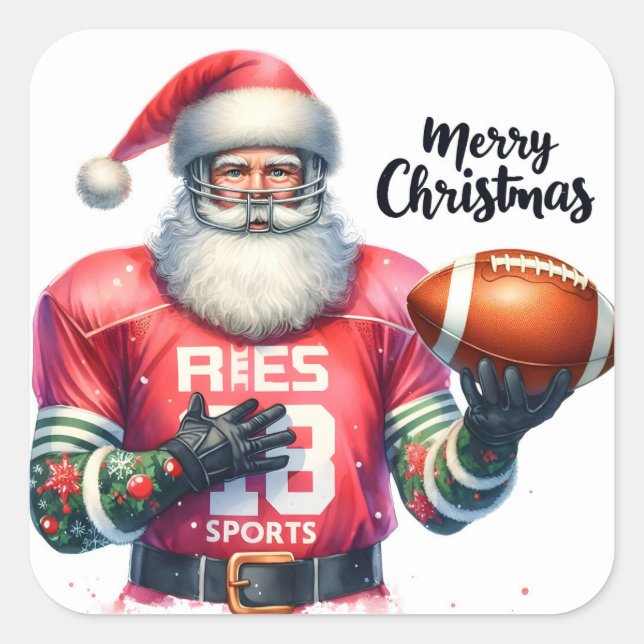 Sticker Carré Santa Claus Dressed in Sports Gear With a Football (Devant)