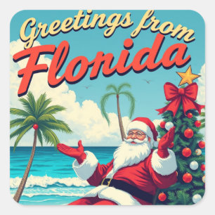 Sticker Carré Santa Claus rétro vintage à la plage - Floride