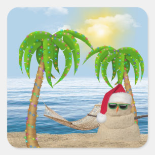 Sticker Carré Santa Claus Sandman Sur La Plage Tropicale