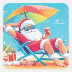 Sticker Carré Santa Claus Se détendre sur une plage tropicale