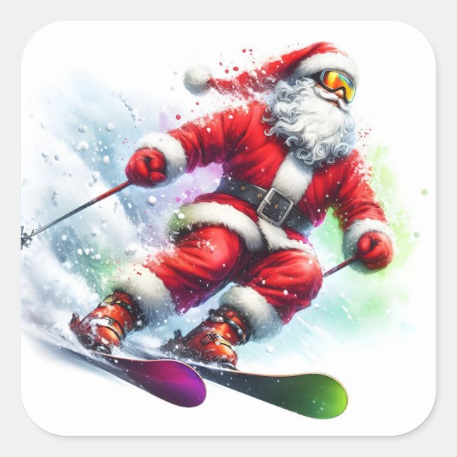 Sticker Carré Santa Claus Ski Down a Snowy Mountain Trail (Devant)