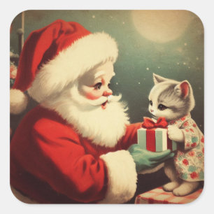 Sticker Carré Santa Claus vintage avec Kitten Retro Père Noël