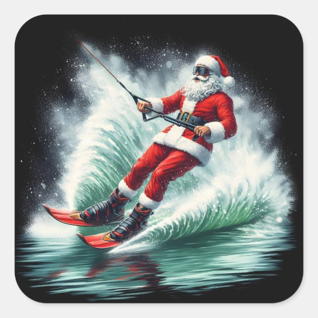 Sticker Carré Santa Claus Water Skiing on a Festive Winter Day (Devant)