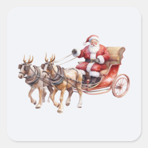 Sticker Carré Santa Clause avec des chevaux portant des bois de