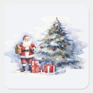 Sticker Carré Santa Clause neige arbre de Noël et présente
