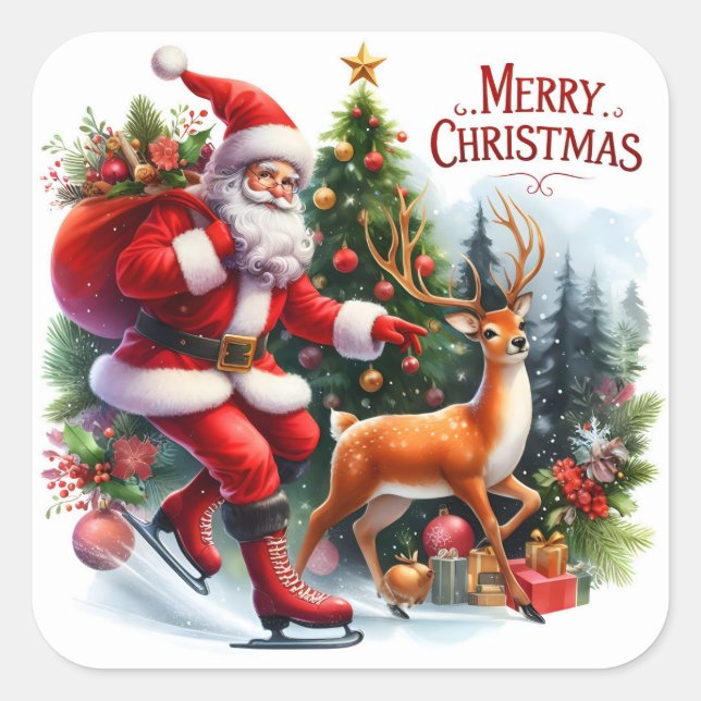 Sticker Carré Santa Ice Skating With a Reindeer (Devant)