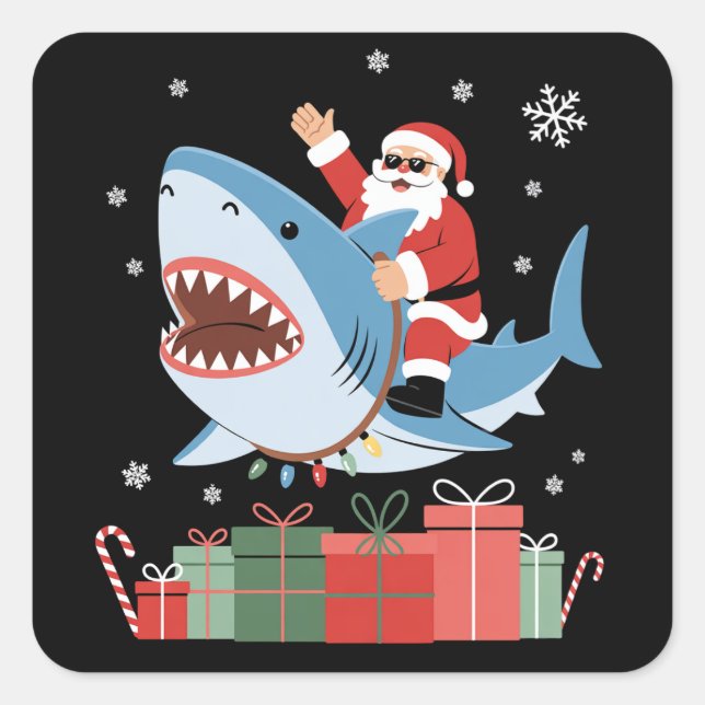 Sticker Carré Santa Riding Shark Christmas Pajama Cute Ocean  (Devant)