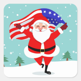 Sticker Carré Santa running with american flag