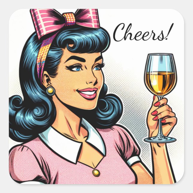 Sticker Carré Santé! Dame rétro avec verre de vin (Devant)