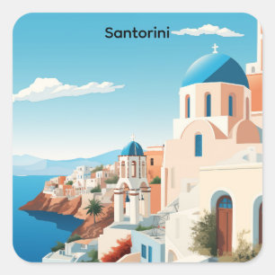 Sticker Carré Santorin Rétro Grèce Méditerranée Bleu & Blanc 