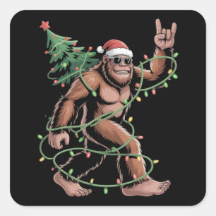 Sticker Carré Sapin de Noël Bigfoot Santa Lumières Xmas Sasquatc