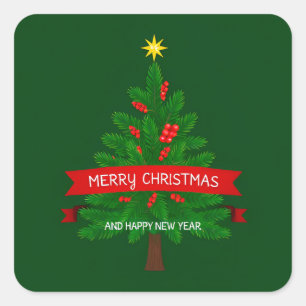 Sticker Carré Sapin de Noël festif avec ruban rouge