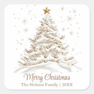 Sticker Carré Sapin de Noël Or et Blanc avec Nom de Famille