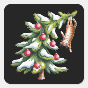 Sticker Carré Sapin de Noël Orange pour Chat Amoureux de Chats F