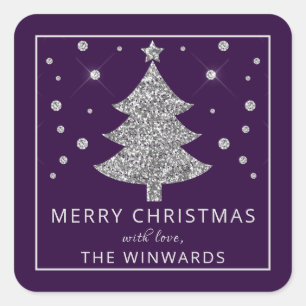 Sticker Carré Sapin de Noël Pailleté Violet et Argent de Fêtes