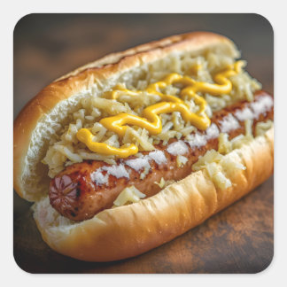 Sticker Carré Saucisse de Bratwurst avec Moutarde et Choucroute