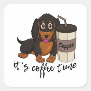 Sticker Carré Saucisson Chien Café Heure Dachshund Cadeau