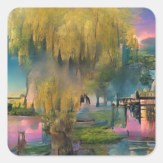 Sticker Carré Saule au coucher du soleil près de l'étang (Devant)