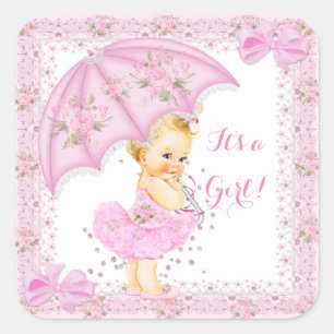 Sticker Carré Saupoudrer Baby shower fille Floral rose Blonde