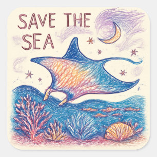 Sticker Carré Sauvez la mer - Océan d'art au crayon de couleur