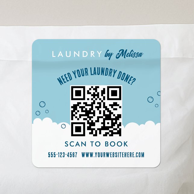 Sticker Carré Scan To Book Laundry Service Blue & White QR Code (Modern laundry service marketing stickers with scannable QR code)