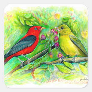 Sticker Carré Scarlet Tanagers Bird Art
