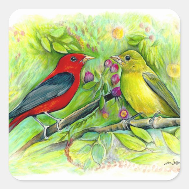 Sticker Carré Scarlet Tanagers Bird Art (Devant)