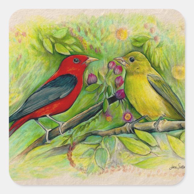 Sticker Carré Scarlet Tanagers Bird Art (Devant)