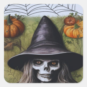 Sticker Carré Scary Skeleton Witch pour une fête d'Halloween Dép