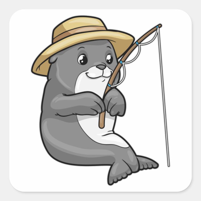 Sticker Carré Sceau à la pêche avec bâtonnet de pêche et Casquet (Devant)