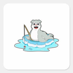 Sticker Carré Sceau à la pêche avec canne à pêche