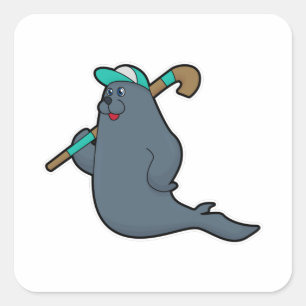 Sticker Carré Sceau au hockey avec bâton de hockey