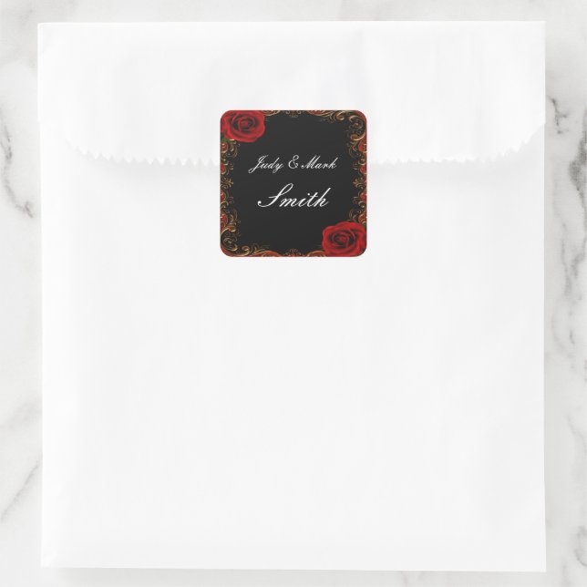 Sticker Carré Sceau de mariage aux roses rouges gothiques élégan (Sac)