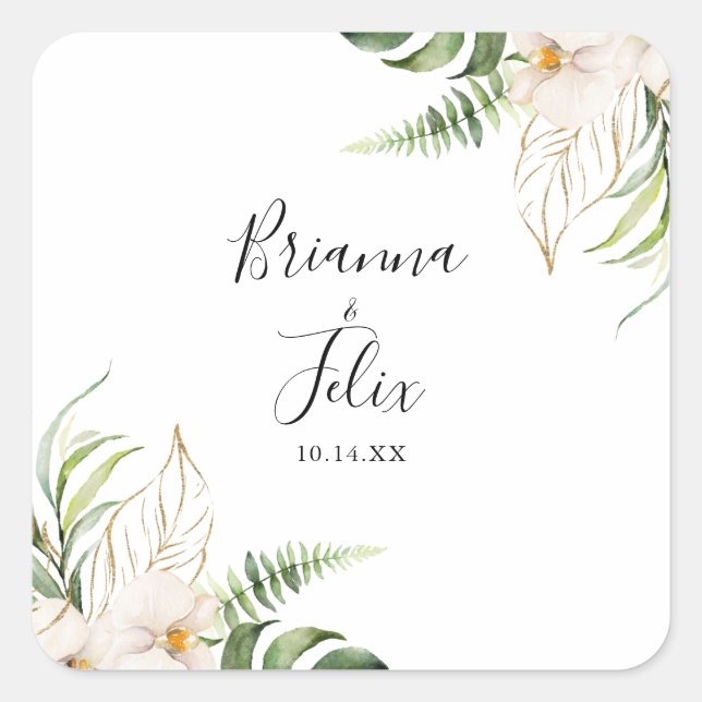 Sticker Carré Sceau d'enveloppe Mariage florale de feuillage Tro (Devant)
