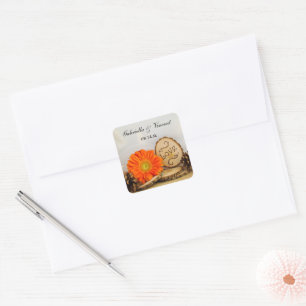 Sticker Carré Sceau d'enveloppe Mariage Rustique Orange Daisy Wo