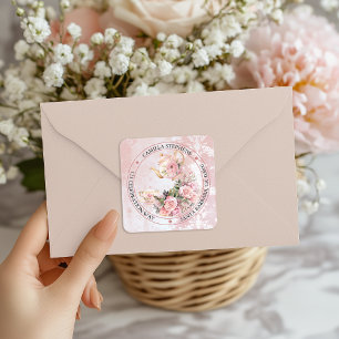 Sticker Carré Sceau d'enveloppe rose floral haute adresse de ret