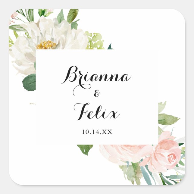 Sticker Carré Sceau Mariage d'enveloppe de feuillage vert floral (Devant)